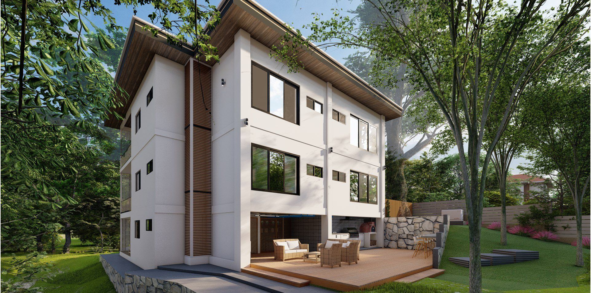 Render de la fachada posterior de Sandy Bay con terraza y jardín